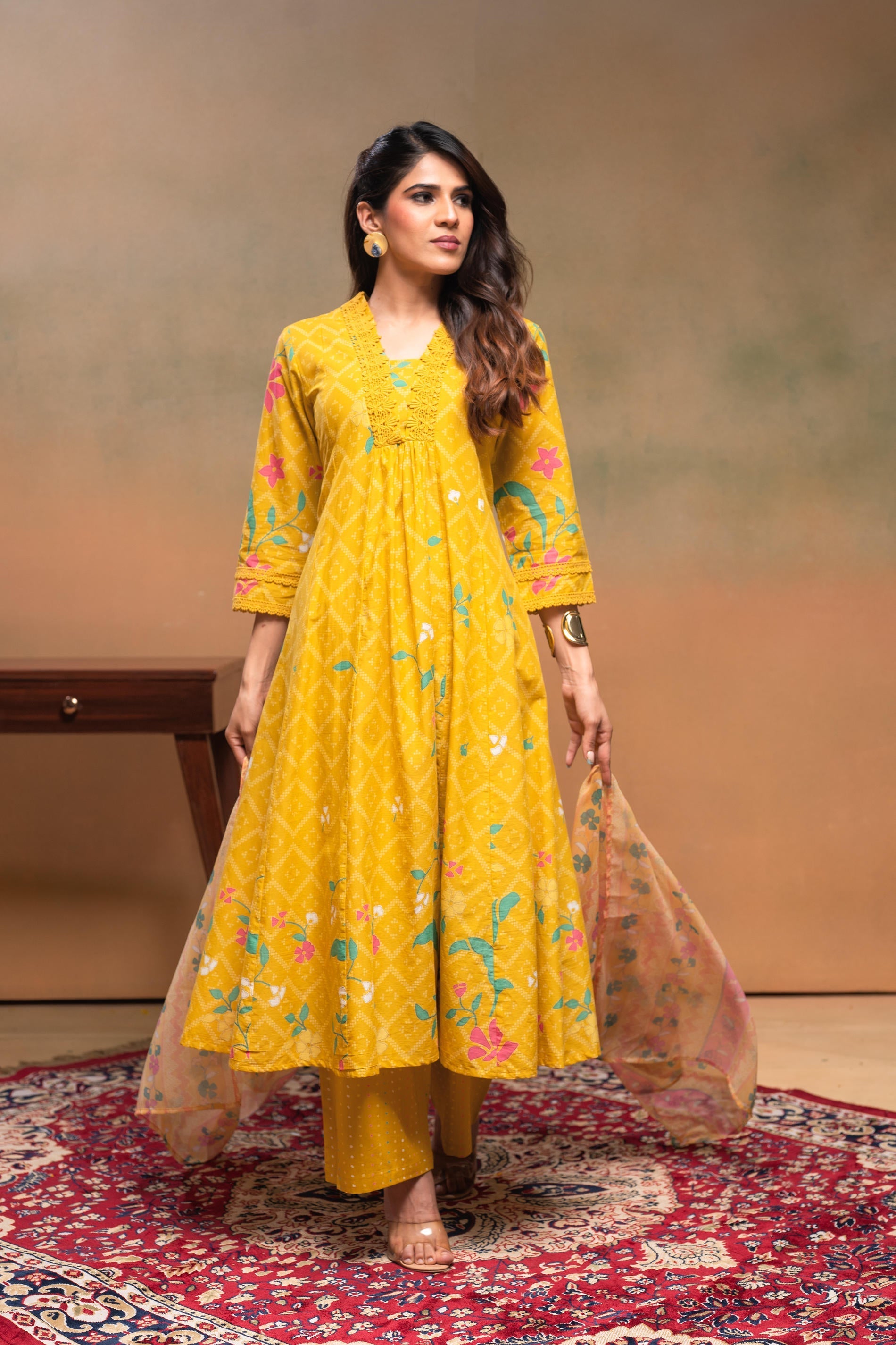 Juniper Mustard Floral Printed Cotton Kurta Set With Chiffon Dupatta | Grocsy