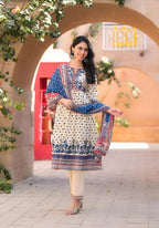 Juniper Ivory Floral Printed Chanderi Kurta Pant And Dupatta Set With Sequins | Grocsy