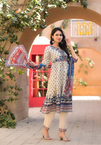 Juniper Ivory Floral Printed Chanderi Kurta Pant And Dupatta Set With Sequins | Grocsy