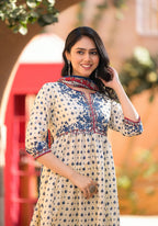 Juniper Women's Ivory Floral Printed Chanderi Kurta Pant And Dupatta Set With Sequins | Grocsy