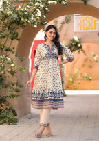 Juniper Women's Ivory Floral Printed Chanderi Kurta Pant And Dupatta Set With Sequins | Grocsy
