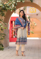 Juniper Women's Ivory Floral Printed Chanderi Kurta Pant And Dupatta Set With Sequins | Grocsy