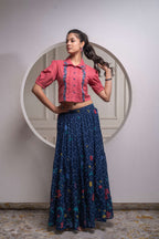 Juniper Indigo Cotton Embroidered Top & Printed Skirt Set With Zig Zag Motifs | Grocsy