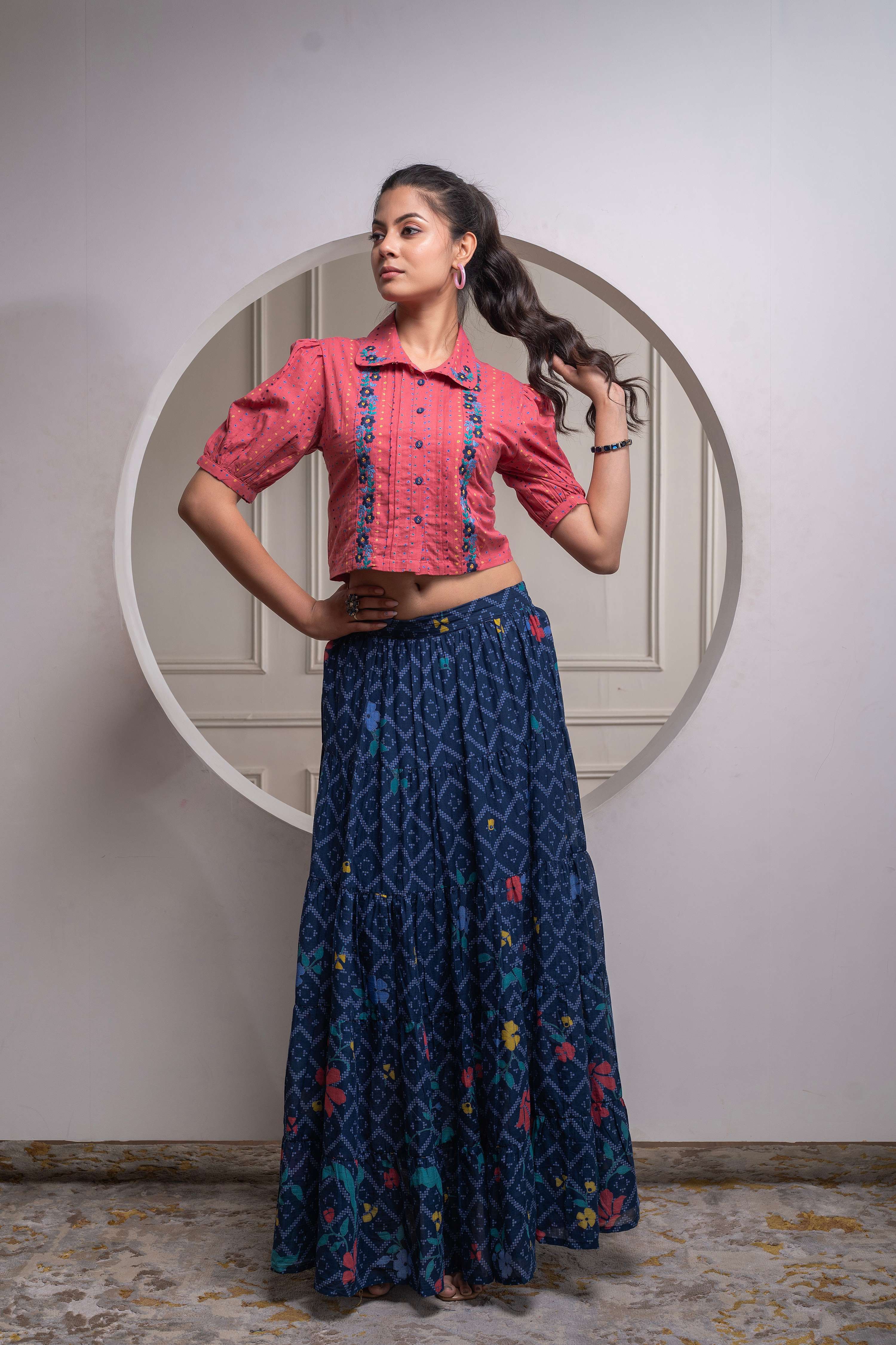 Juniper Indigo Cotton Embroidered Top & Printed Skirt Set With Zig Zag Motifs | Grocsy