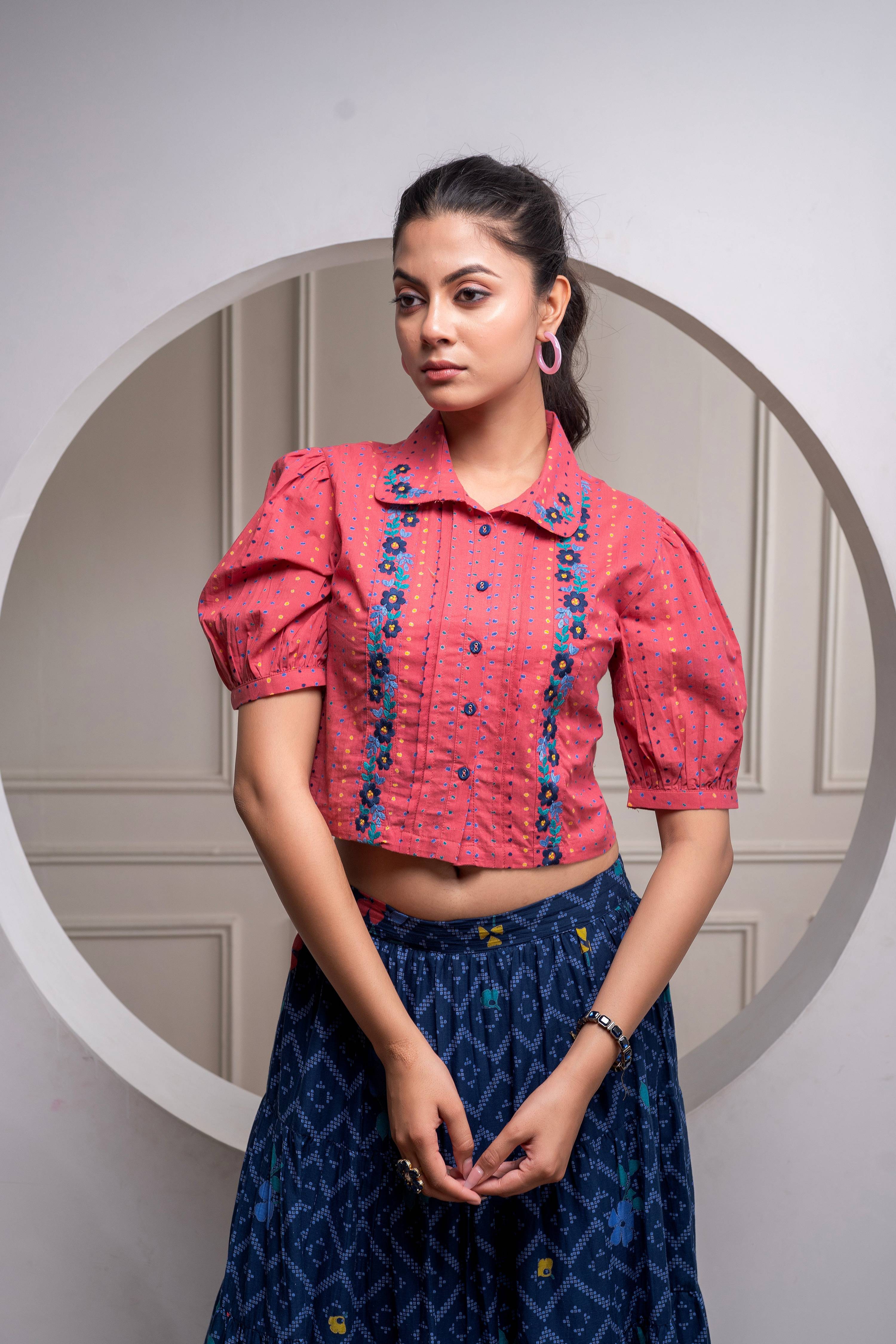 Juniper Indigo Cotton Embroidered Top & Printed Skirt Set With Zig Zag Motifs | Grocsy