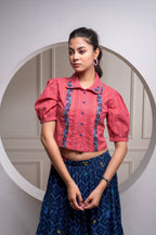 Juniper Indigo Cotton Embroidered Top & Printed Skirt Set With Zig Zag Motifs | Grocsy