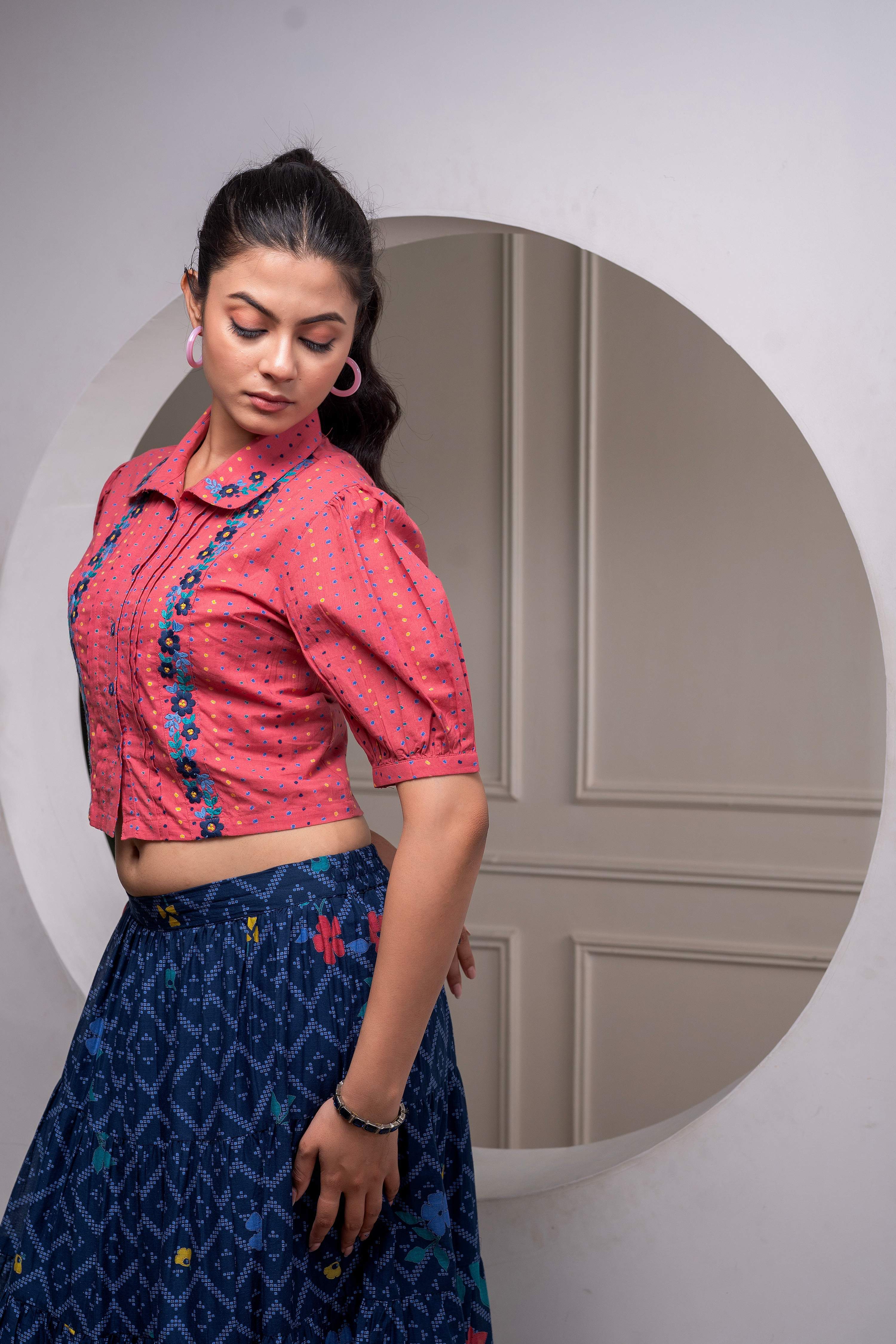 Juniper Indigo Cotton Embroidered Top & Printed Skirt Set With Zig Zag Motifs | Grocsy