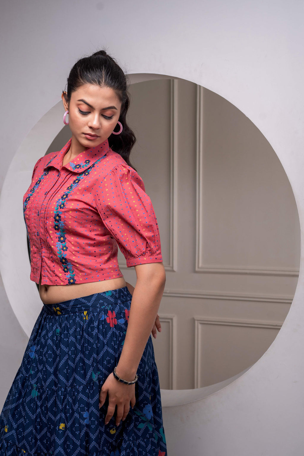 Juniper Indigo Cotton Embroidered Top & Printed Skirt Set With Zig Zag Motifs | Grocsy