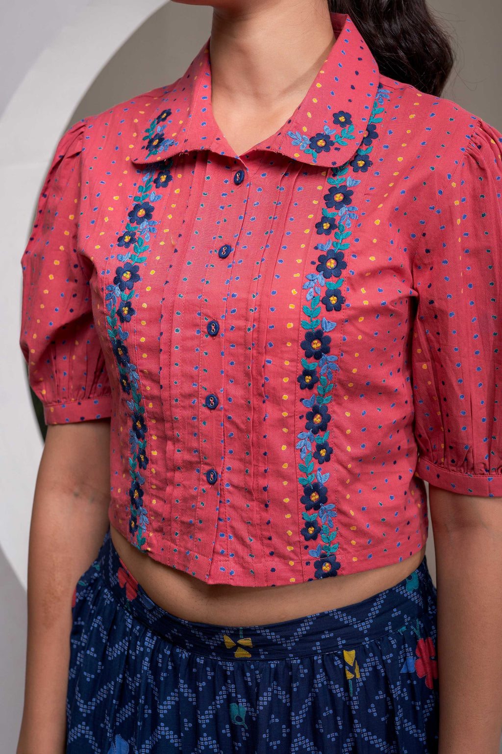 Juniper Indigo Cotton Embroidered Top & Printed Skirt Set With Zig Zag Motifs | Grocsy