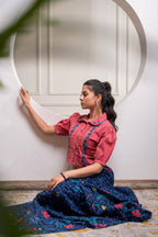 Juniper Indigo Cotton Embroidered Top & Printed Skirt Set With Zig Zag Motifs | Grocsy