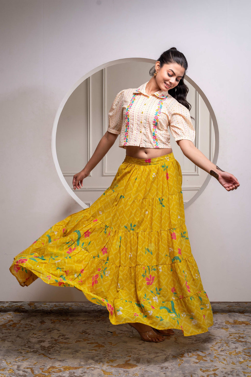 Juniper Mustard Cotton Embroidered Top & Printed Skirt Set With Zig Zag Motifs | Grocsy