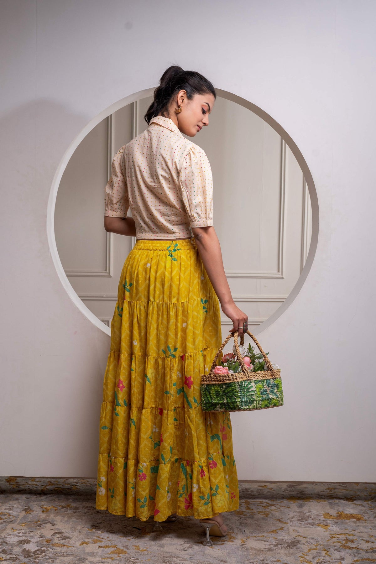 Juniper Mustard Cotton Embroidered Top & Printed Skirt Set With Zig Zag Motifs | Grocsy