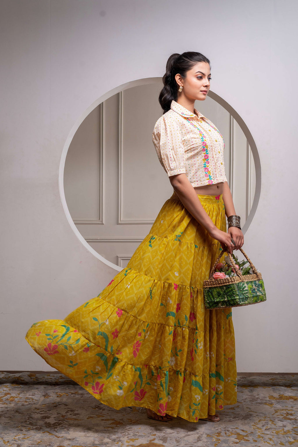 Juniper Mustard Cotton Embroidered Top & Printed Skirt Set With Zig Zag Motifs | Grocsy