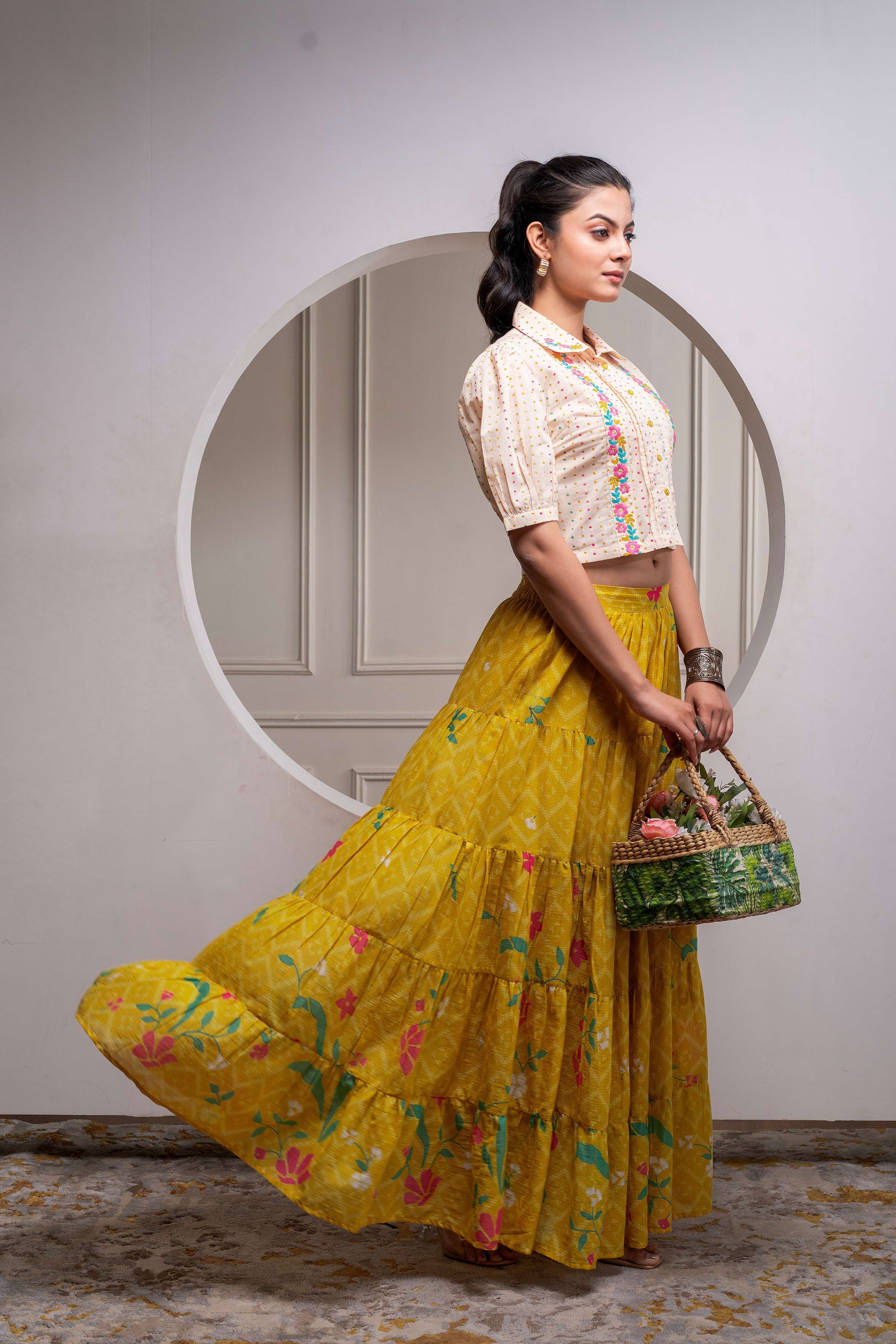Juniper Mustard Cotton Embroidered Top & Printed Skirt Set With Zig Zag Motifs | Grocsy