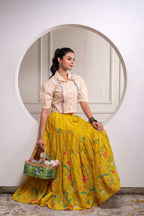 Juniper Mustard Cotton Embroidered Top & Printed Skirt Set With Zig Zag Motifs | Grocsy