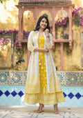 Juniper Mustard Ethnic Motif Printed Cotton Kurta & Shrug With Doris | Grocsy