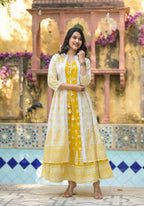 Juniper Mustard Ethnic Motif Printed Cotton Kurta & Shrug With Doris | Grocsy