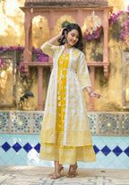 Juniper Mustard Ethnic Motif Printed Cotton Kurta & Shrug With Doris | Grocsy