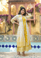 Juniper Mustard Ethnic Motif Printed Cotton Kurta & Shrug With Doris | Grocsy