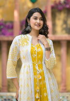 Juniper Women's Mustard Ethnic Motif Printed Cotton Kurta & Shrug With Doris | Grocsy