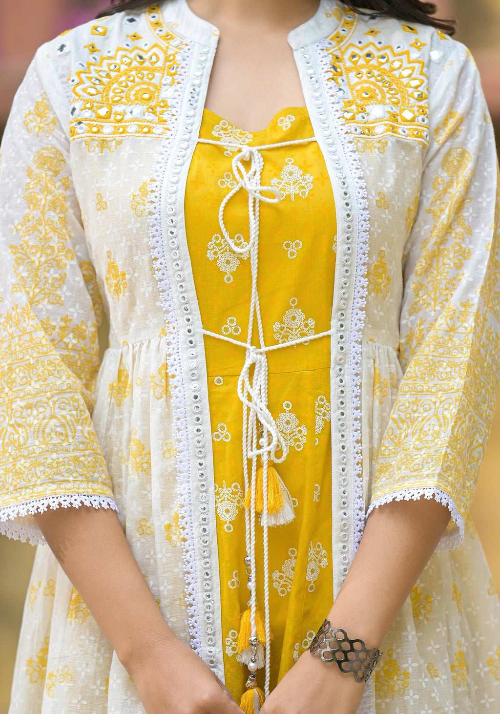 Juniper Women's Mustard Ethnic Motif Printed Cotton Kurta & Shrug With Doris | Grocsy