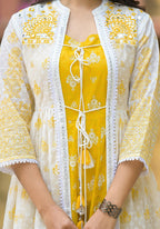 Juniper Women's Mustard Ethnic Motif Printed Cotton Kurta & Shrug With Doris | Grocsy