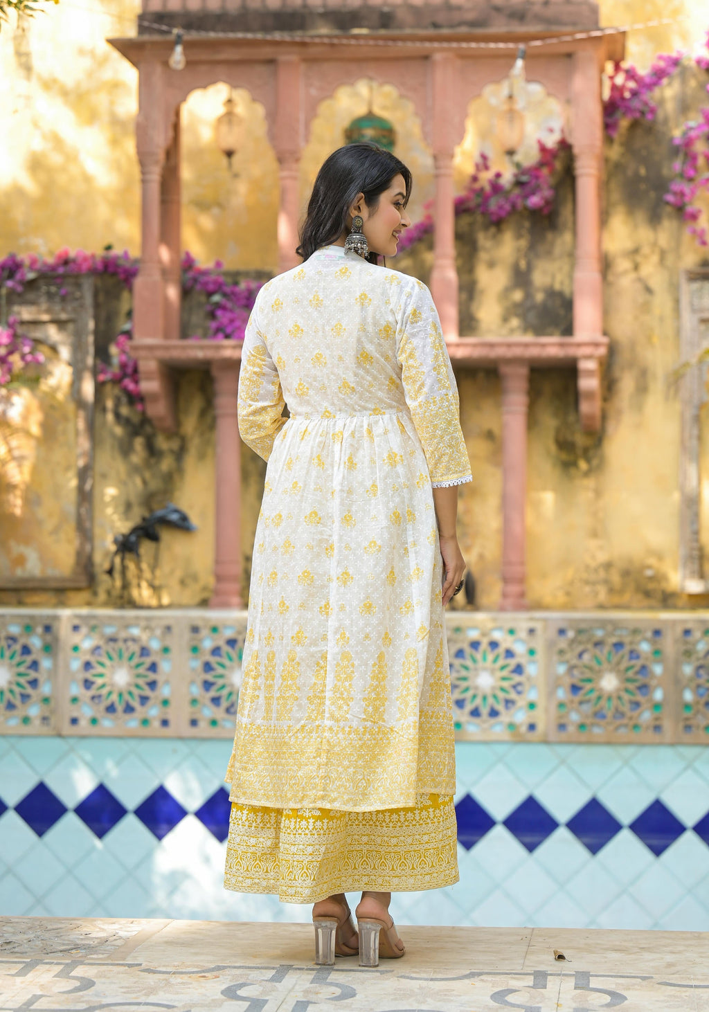 Juniper Mustard Ethnic Motif Printed Cotton Kurta & Shrug With Doris | Grocsy