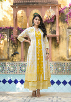 Juniper Women's Mustard Ethnic Motif Printed Cotton Kurta & Shrug With Doris | Grocsy