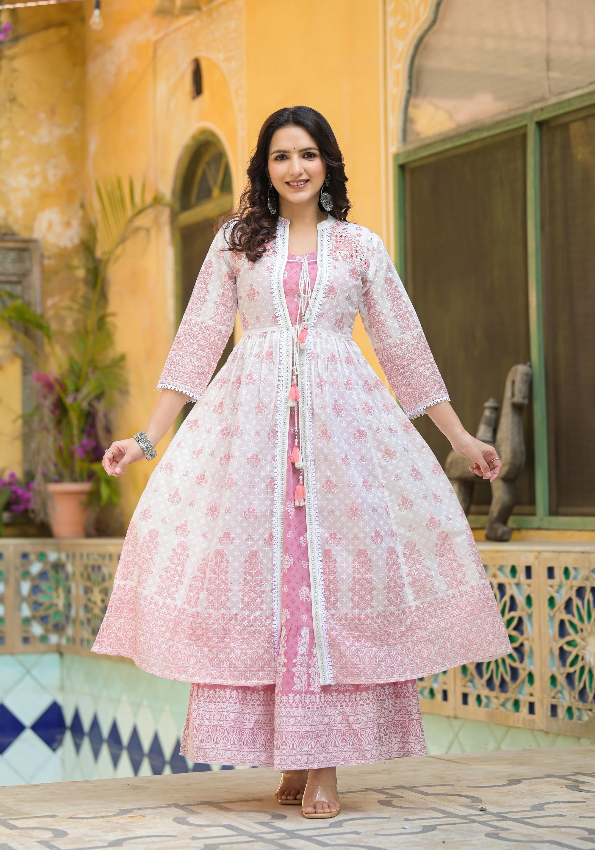 Juniper Pink Ethnic Motif Printed Cotton Kurta & Shrug With Doris | Grocsy