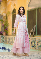 Juniper Pink Ethnic Motif Printed Cotton Kurta & Shrug With Doris | Grocsy