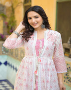 Juniper Women's Pink Ethnic Motif Printed Cotton Kurta & Shrug With Doris | Grocsy