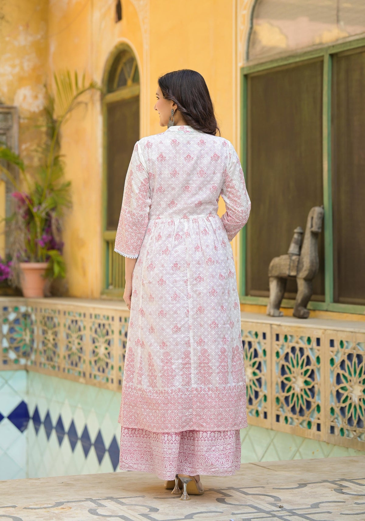 Juniper Pink Ethnic Motif Printed Cotton Kurta & Shrug With Doris | Grocsy