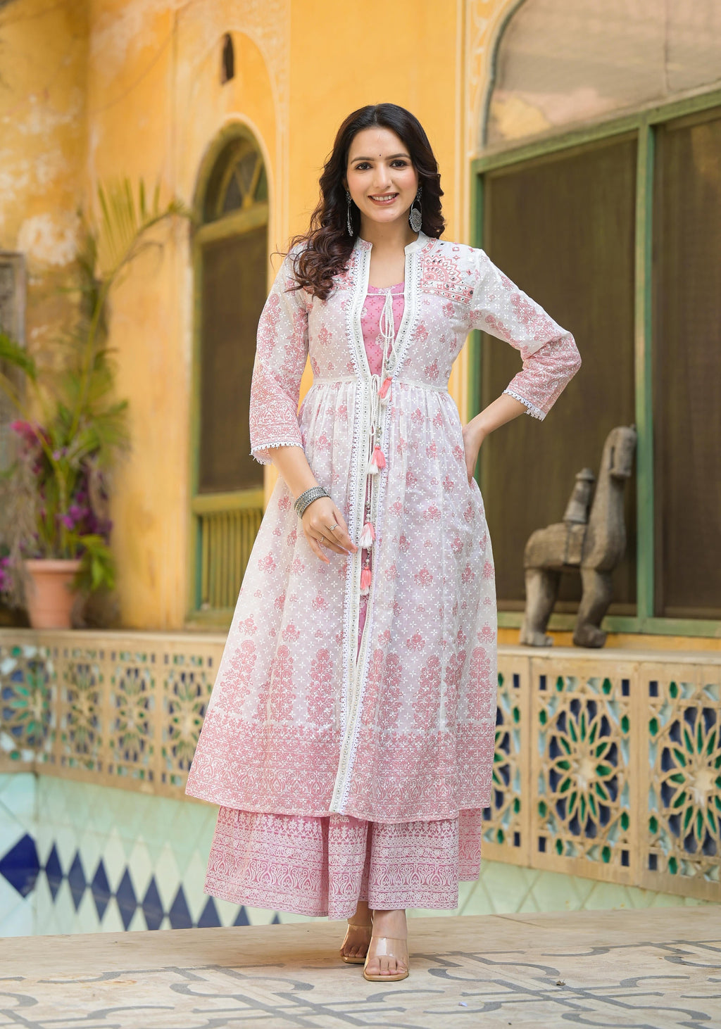 Juniper Women's Pink Ethnic Motif Printed Cotton Kurta & Shrug With Doris | Grocsy
