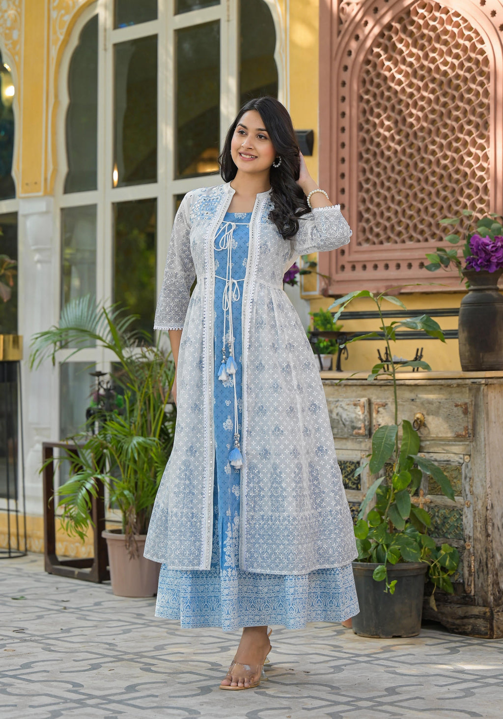 Juniper Azure Blue Blossom Layered Cotton Anarkali Dress With Printed Jacket | Grocsy
