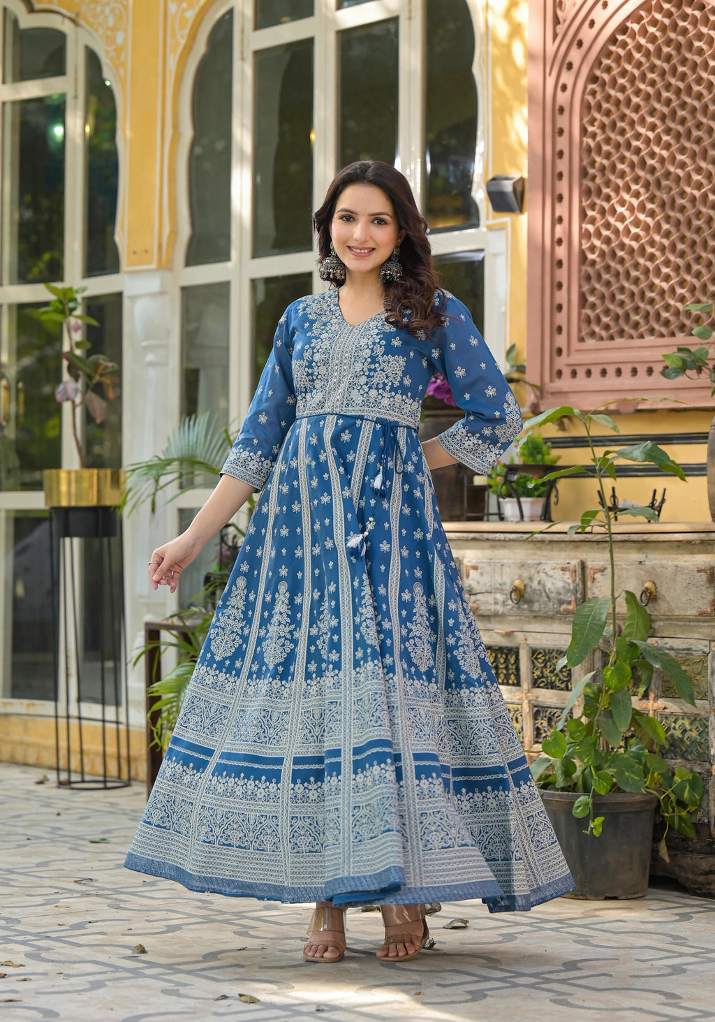 Juniper Indigo Ethnic Motif Printed Cotton Long Dress | Grocsy