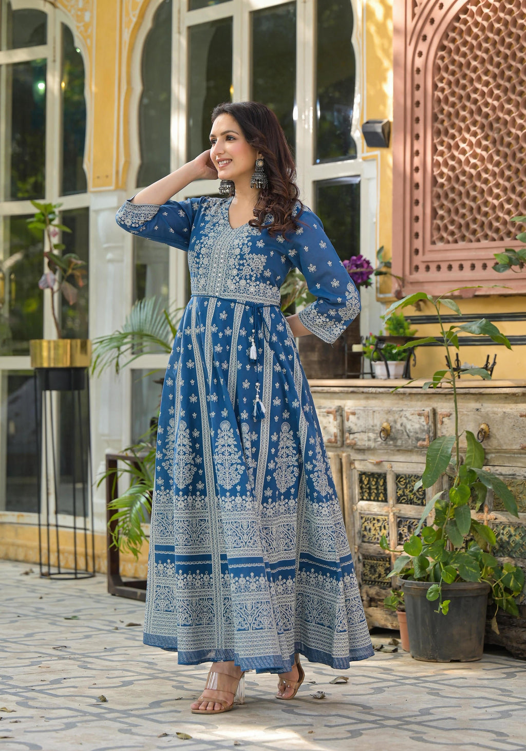 Juniper Indigo Ethnic Motif Printed Cotton Long Dress | Grocsy