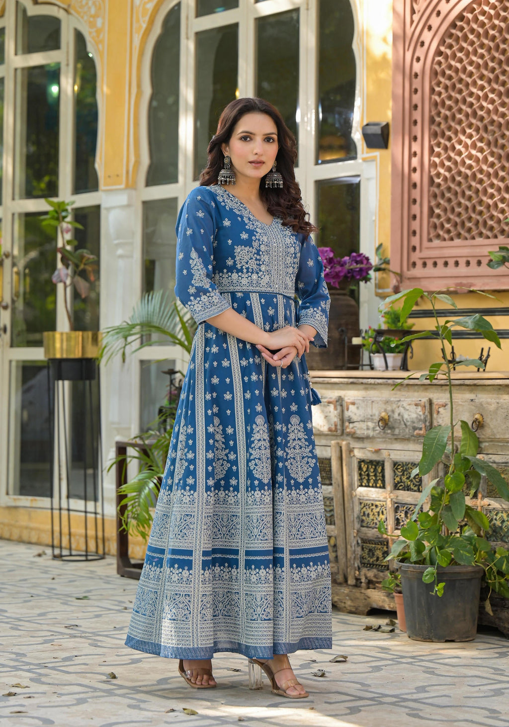 Juniper Indigo Ethnic Motif Printed Cotton Long Dress | Grocsy