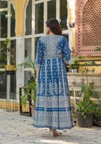 Juniper Indigo Ethnic Motif Printed Cotton Long Dress | Grocsy