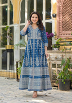 Juniper Indigo Ethnic Motif Printed Cotton Long Dress | Grocsy