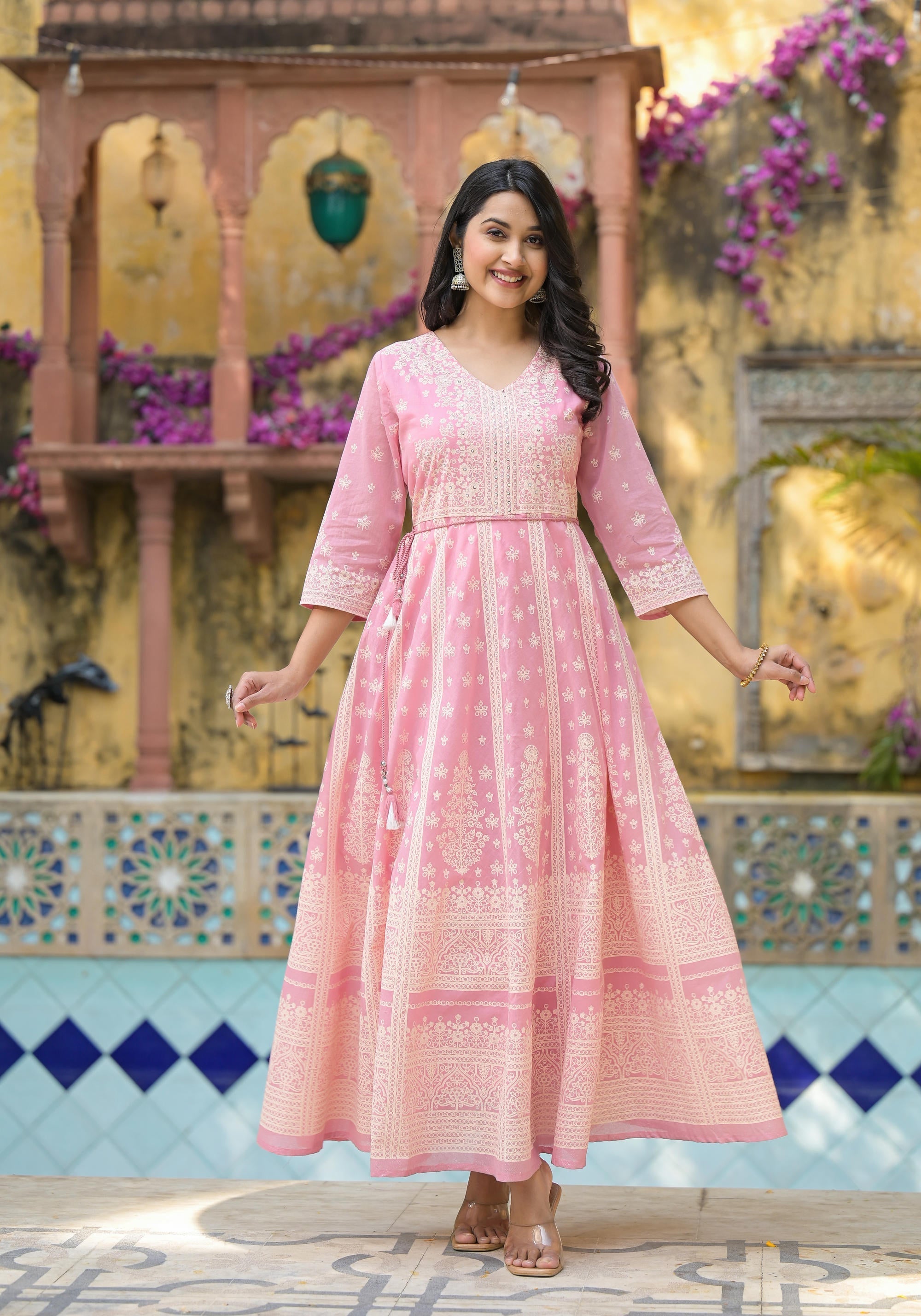 Juniper Onion Pink Anarkali Dress with Intricate White Print | Grocsy