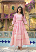 Juniper Onion Pink Anarkali Dress With Intricate White Print | Grocsy