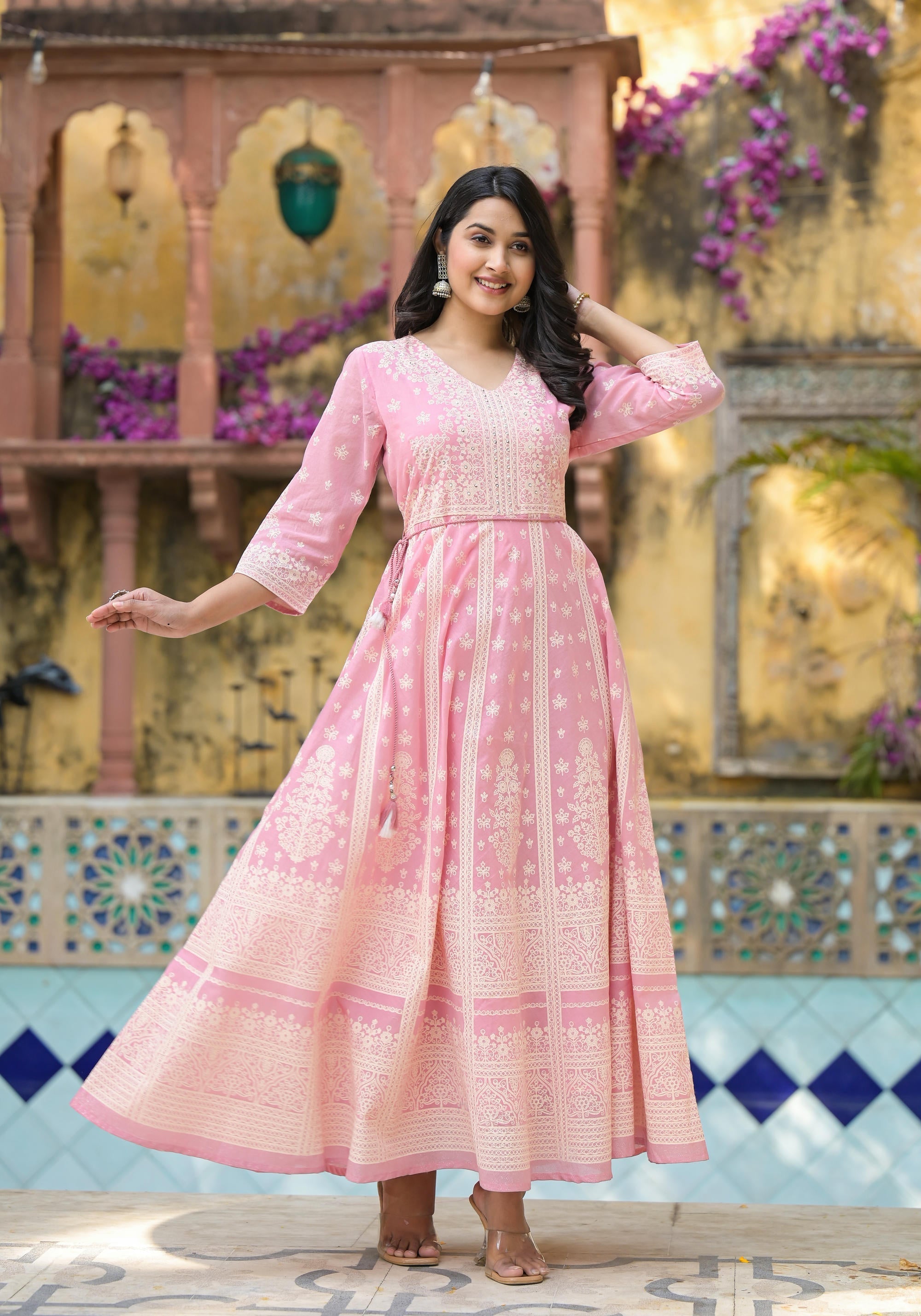 Juniper Onion Pink Anarkali Dress with Intricate White Print | Grocsy