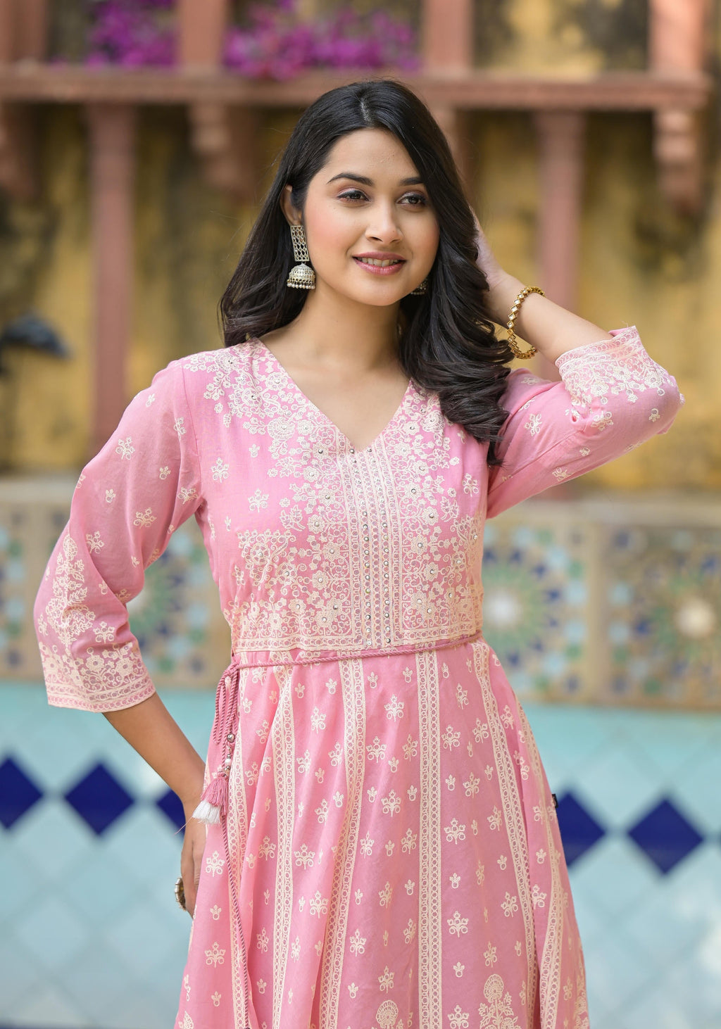 Juniper Onion Pink Anarkali Dress With Intricate White Print | Grocsy