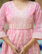 Juniper Onion Pink Anarkali Dress With Intricate White Print | Grocsy