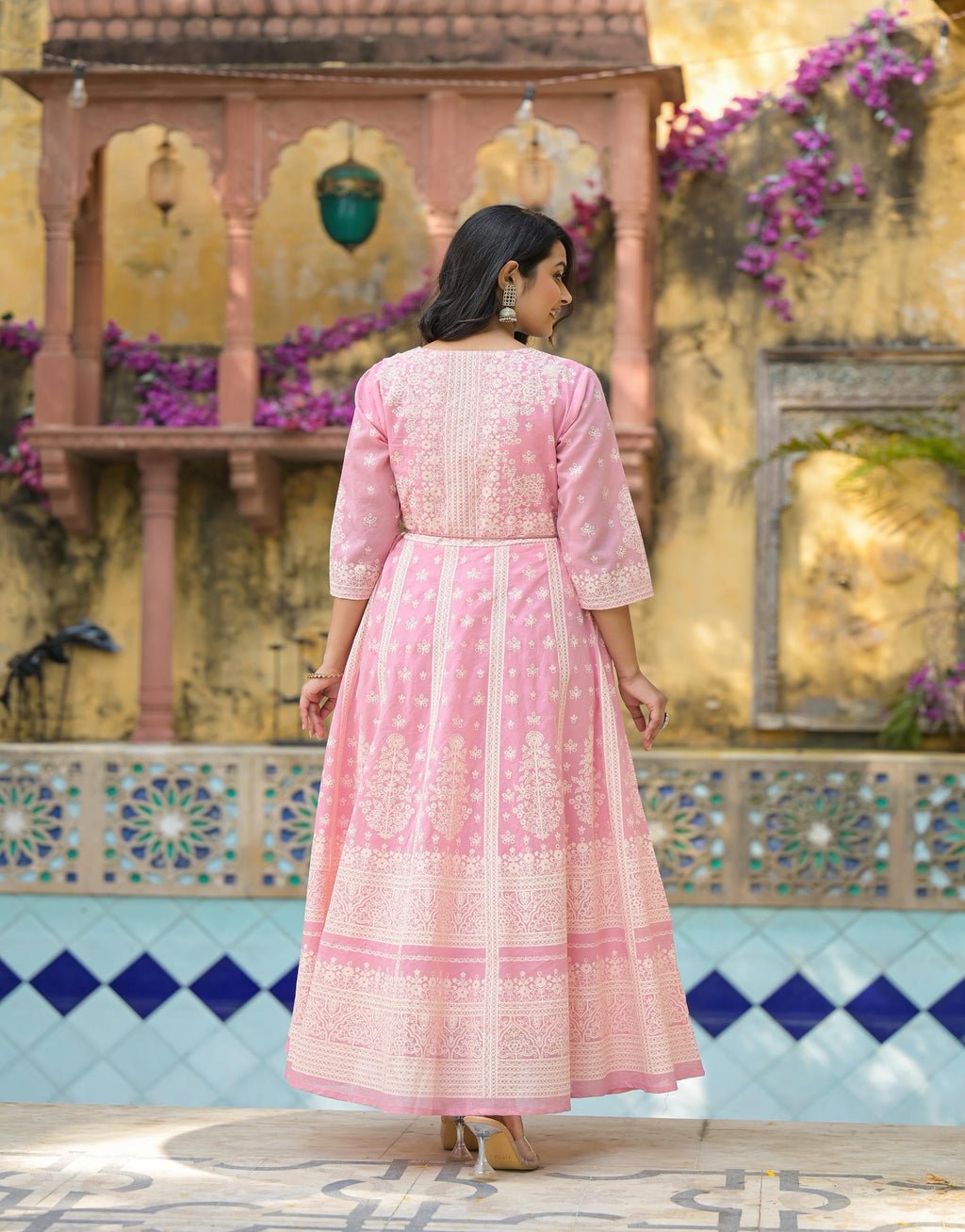 Juniper Onion Pink Anarkali Dress with Intricate White Print | Grocsy