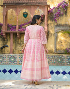 Juniper Onion Pink Anarkali Dress with Intricate White Print | Grocsy