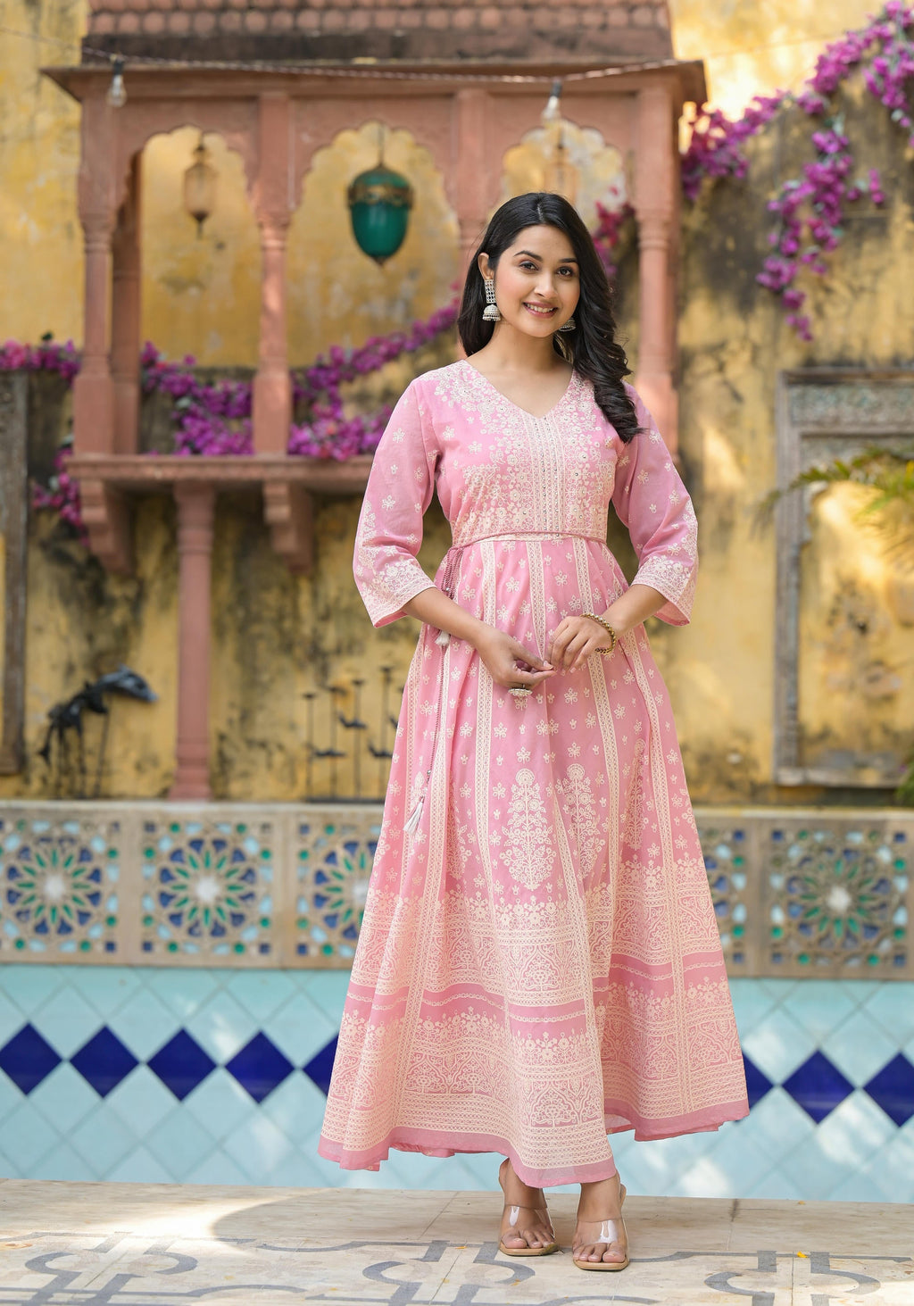 Juniper Onion Pink Anarkali Dress with Intricate White Print | Grocsy