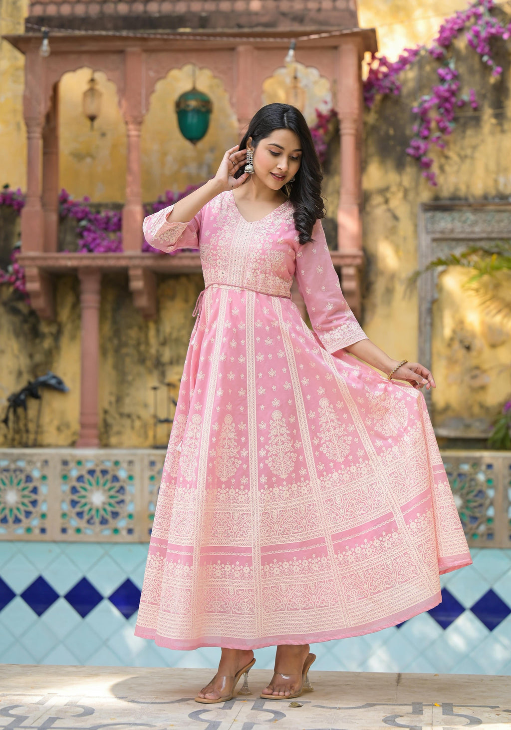 Juniper Onion Pink Anarkali Dress with Intricate White Print | Grocsy