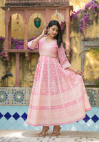 Juniper Onion Pink Anarkali Dress with Intricate White Print | Grocsy
