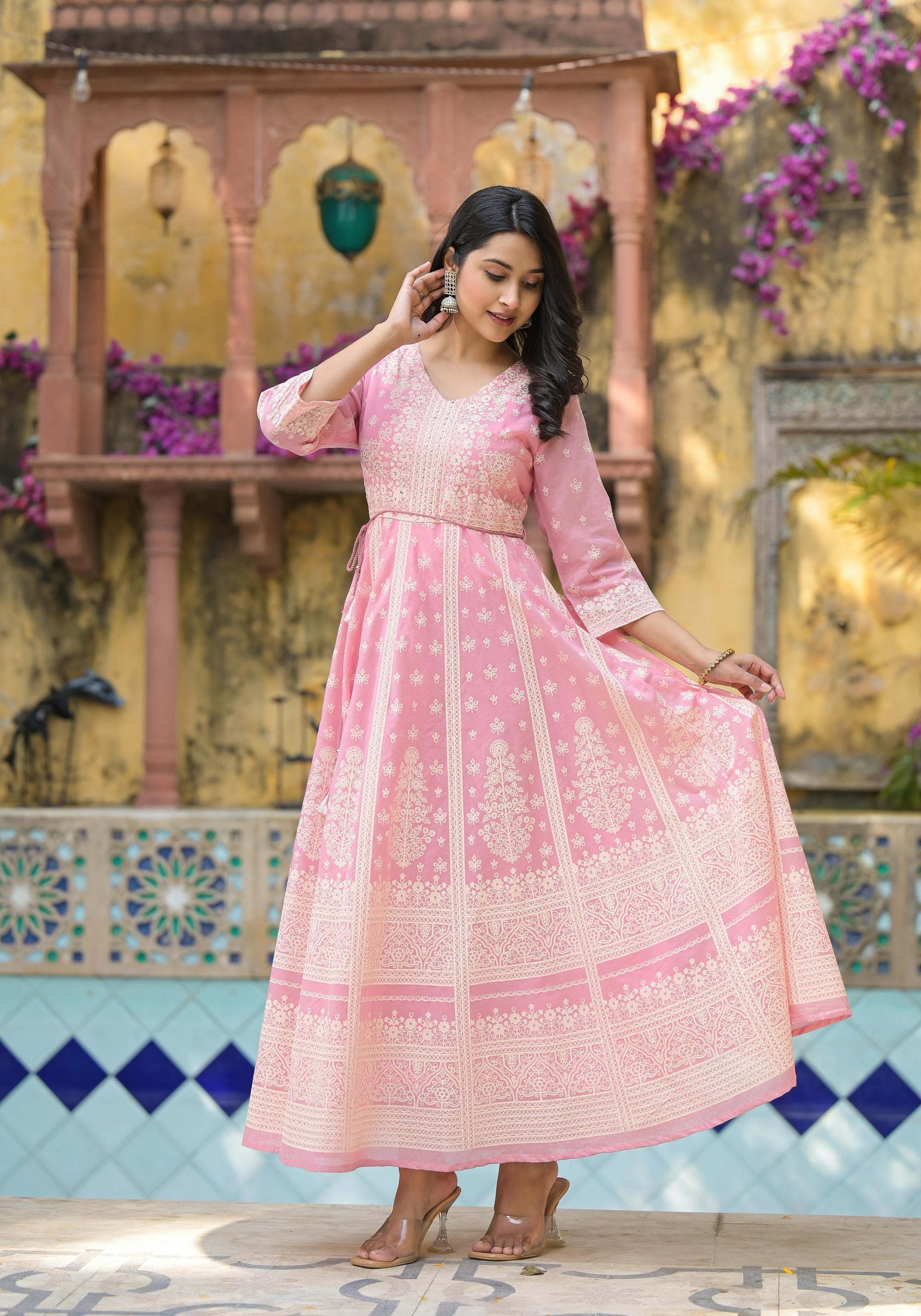 Juniper Onion Pink Anarkali Dress with Intricate White Print | Grocsy